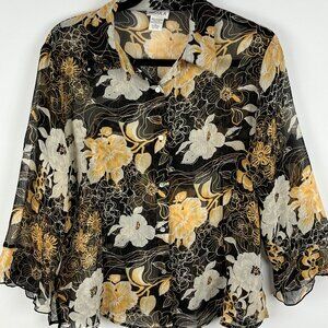 Nicola Top Blouse Size L Black Beige 3/4 Sleeve Button Down Collared Sheer Polye